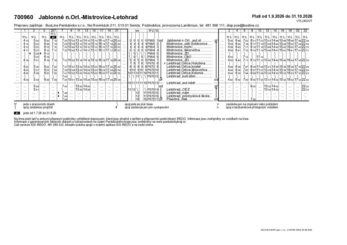 Od 1. 9. 2026 dochází ke změnám autobusové dopravy v souvislosti s uzavírkou v Letohradě. Ranní spoj z Klášterce v 6:23 do Letohradu přijede v 6:55. Navazuje na něj linka 973 do Ústí nad Orlicí v 6:59. Linka 973 již nebude mezi Letohradem a Ústím nad Orlicí jezdit objížďkou přes Houžovec. U večerního spoje linky 960 z Jablonného zůstává odjezd ve 20:20 kvůli uzavírkám mezi Jablonným a Těchonínem. Výlukové jízdní řády najdete v příloze.