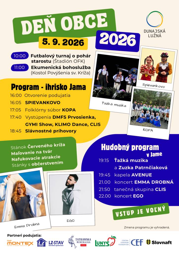 Jeden deň, jedna obec a veľa dôvodov stretnúť sa!    Príďte s nami osláviť Deň obce Dunajská Lužná, najväčšie podujatie roka, ktoré spojí šport, kultúru, hudbu, zábavu pre deti aj priateľské stretnutia.