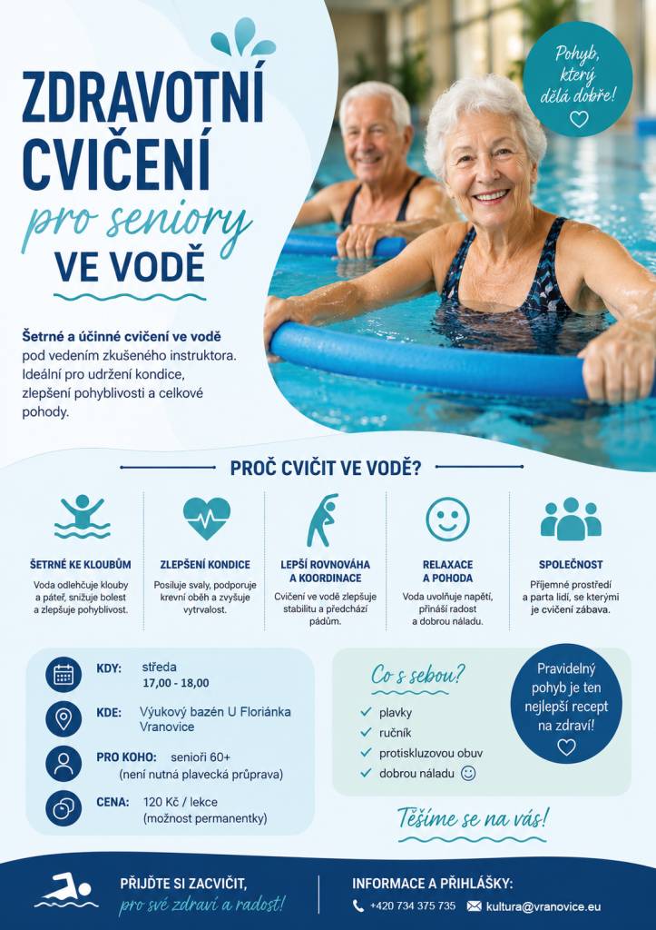 Přijďte si vyzkoušet cvičení pro seniory v bazénu. Před zahájením pravidelných lekcí nabídneme dva termíny ukázkového cvičení, během kterých se seznámíte s prostředím bazénu i samotným stylem lekcí.