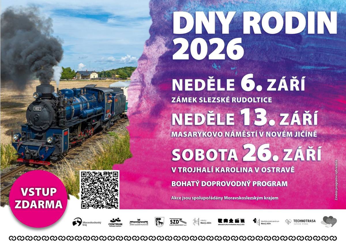 Srdečně vás zveme na sérii akcí Dny rodin s Moravskoslezským krajem, které propojují to nejdůležitější, co rodina přináší – společně strávený čas, sdílení radosti a vzájemnou podporu.  Akce začínají vždy ve 13 hodin. Vstup na všechny akce a atraktivity je ZDARMA. Slezské Rudoltice     6. září 2026  Nový Jičín                13. září 2026  Ostrava                     26. září 2026  Více informací najdete na dejmedetemrodinu.msk.cz/cs/