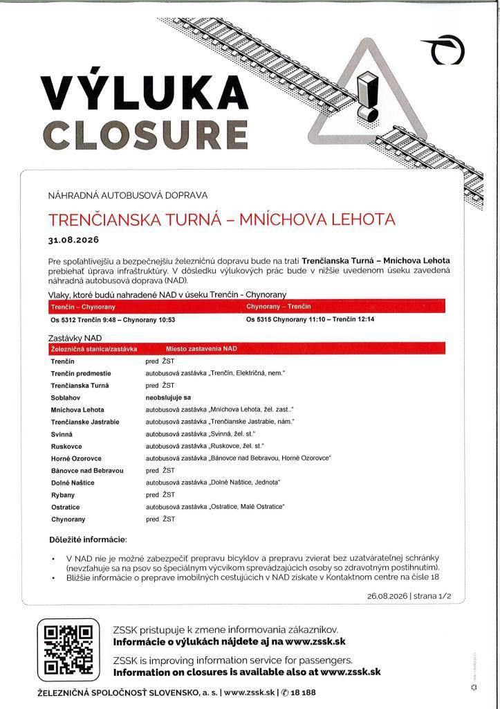 ŽSR oznamujú, že dňa 31.8.2026 bude náhradná autobusová doprava na trase Trenč. Turná- Mních. Lehota. Bližšie info. nájdete na www.mnichovalehota.sk.