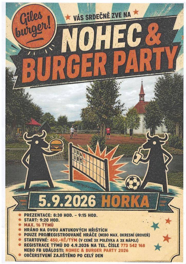V sobotu 5.9.2026 nohejbalový turnaj v Horce na antukových hřištích začíná se od 9.20 hodin. Občerstvení zajištěno po celý den. Těší se na Vás Giles burger.