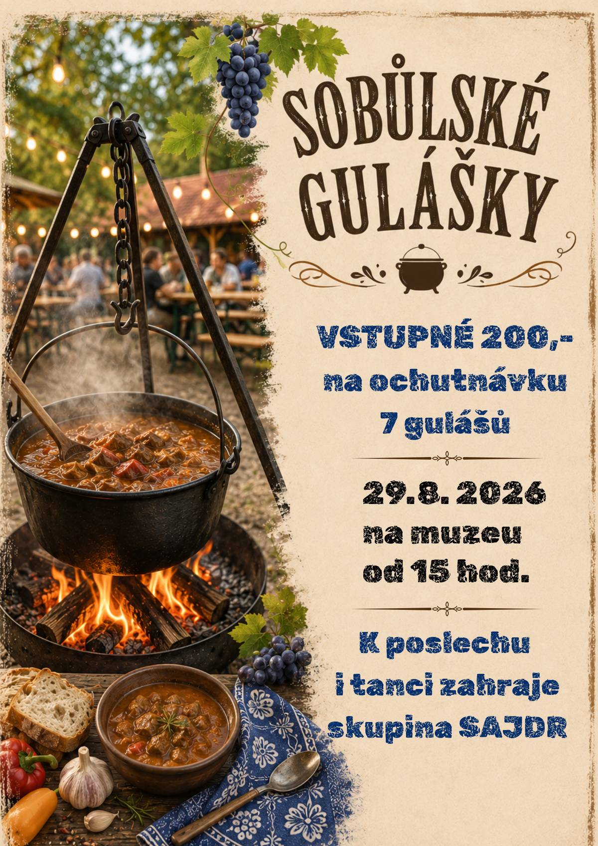 Hlášení 28.8.2026   Sobůlský spolek ve spolupráci s obcí vás srdečně zve na Sobůlské gulášky! Přijďte v sobotu 29. srpna od 15 hodin na Muzeum! Užijete si příjemné odpoledne plné dobré nálady a zábavy. Ochutnat můžete sedm gulášků a k tanci i poslechu zahraje skupina Sajdr. Na baru na vás čeká bohaté občerstvení.   TJ Sokol Sobůlky oznamuje všem fanouškům, že starší přípravka zajíždí v neděli 30. srpna do Násedlovic, kde se od 10 hod utká s týmem Žarošice-Násedlovice. Tým mužů se v neděli od 16:30 hod utká v Dolních Bojanovicích s tamním mužstvem.   Zasedání zastupitelstva obce Sobůlky se bude konat v úterý 1. září od 19 hodin v zasedací místnosti OÚ.