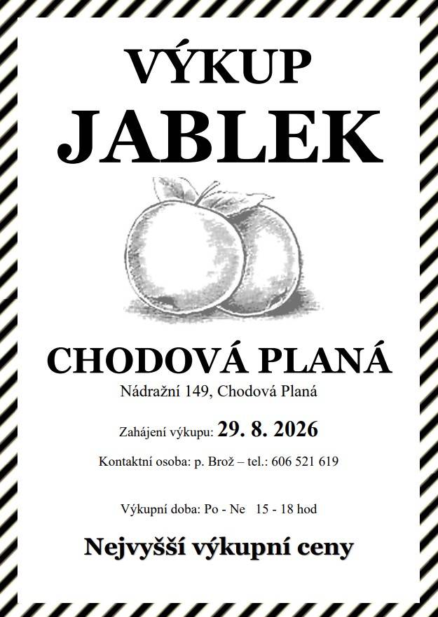 Sousední obec Chodová Planá oznamuje zahájení výkupu padaných jablek - 29.8.2026!