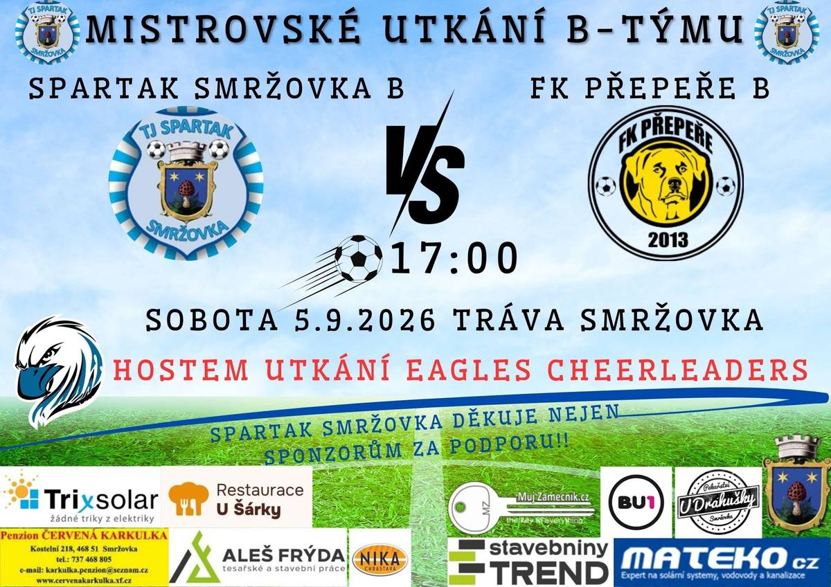 Fotbalové fanoušky zveme v sobotu 5. 9. od 17.00 hodin na utkání mezi TJ Spartak Smržovka B a FK Přepeře B na hřišti ve Sportovní ulici.