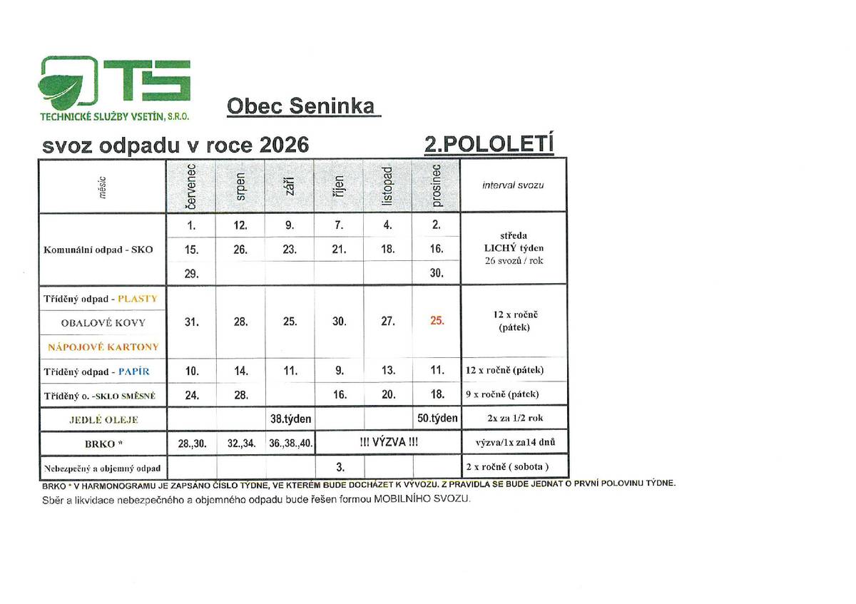 termíny svozů odpadů v 2. pololetí 2026.