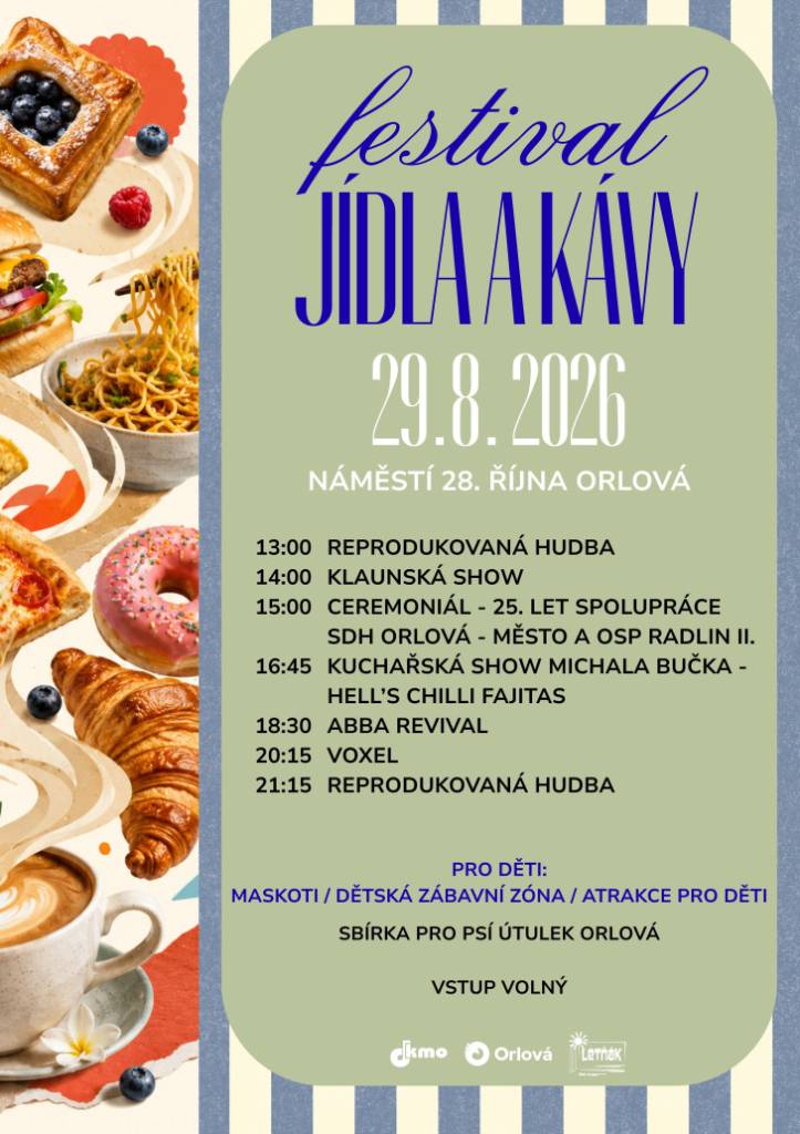 Nenechte si ujít oblíbený Festival jídla a kávy, který proběhne v sobotu 29. srpna na náměstí 28. října. Od 14 hodin pobaví děti Klaunská show a v 15 hodin proběhne slavnostní zahájení festivalu. Pro milovníky jídla je od 16:45 hodin připravena kuchařská show Michala Bučka - Hell’s Chilli Fajitas a náměstí následně roztančíme ...