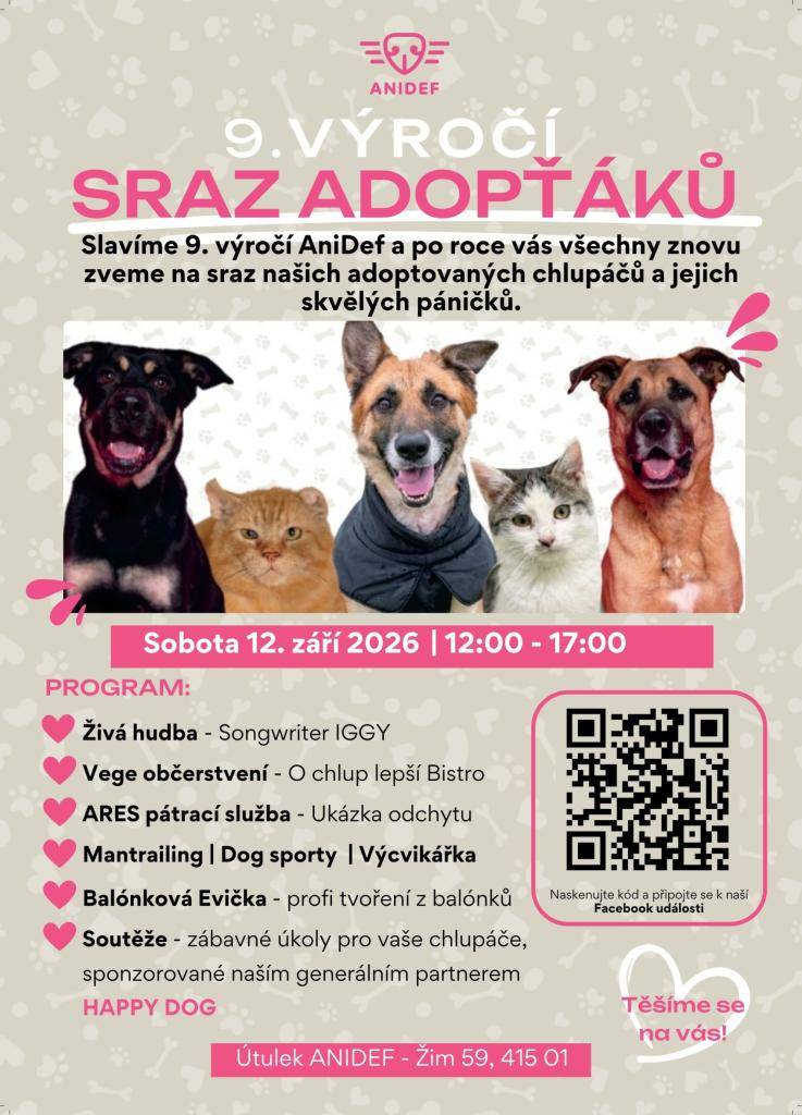 Anidef zve na 9. výročí srazu adopťáků  Sobota 12. září 2026 12:00 - 17:00