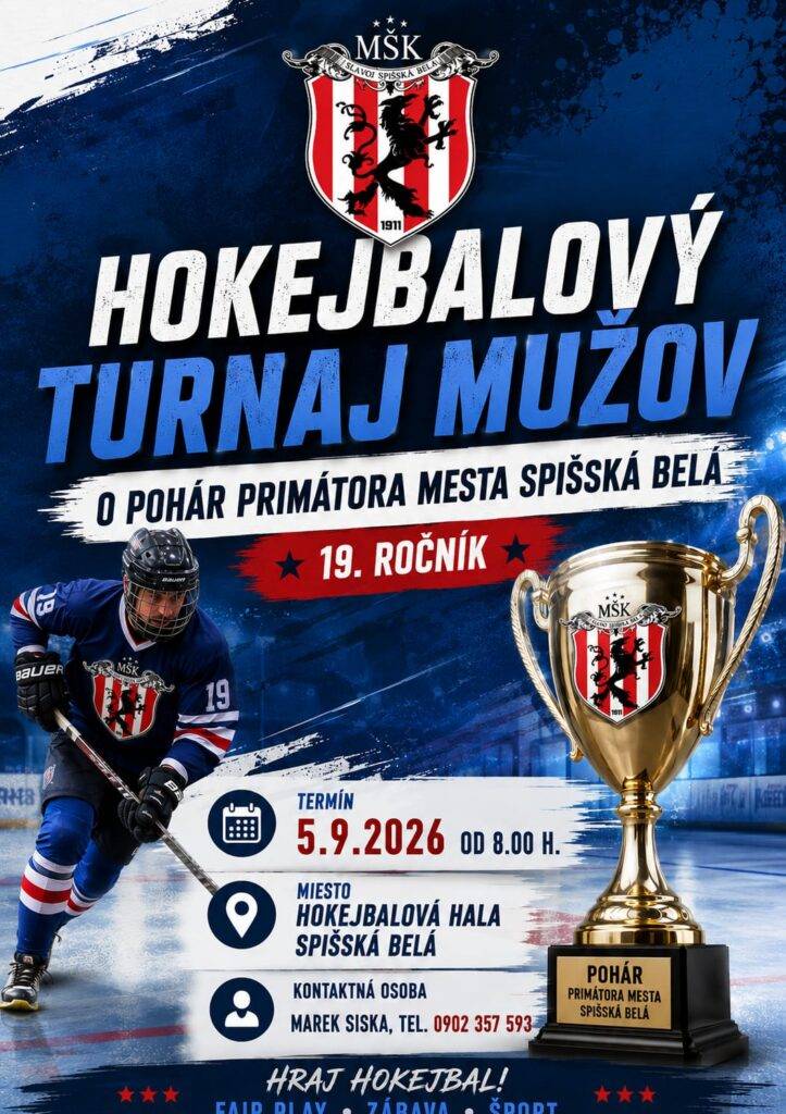 🏒 HOKEJBALOVÝ TURNAJ MUŽOV – 19. ROČNÍK Kedy: 5. septembra 2026 od 8:00 h. Kde: Hokejbalová hala Spišská Belá Vstup: Pozvi sa na nezabudnuteľný deň hokejbalu! Už po 19-tý raz...
