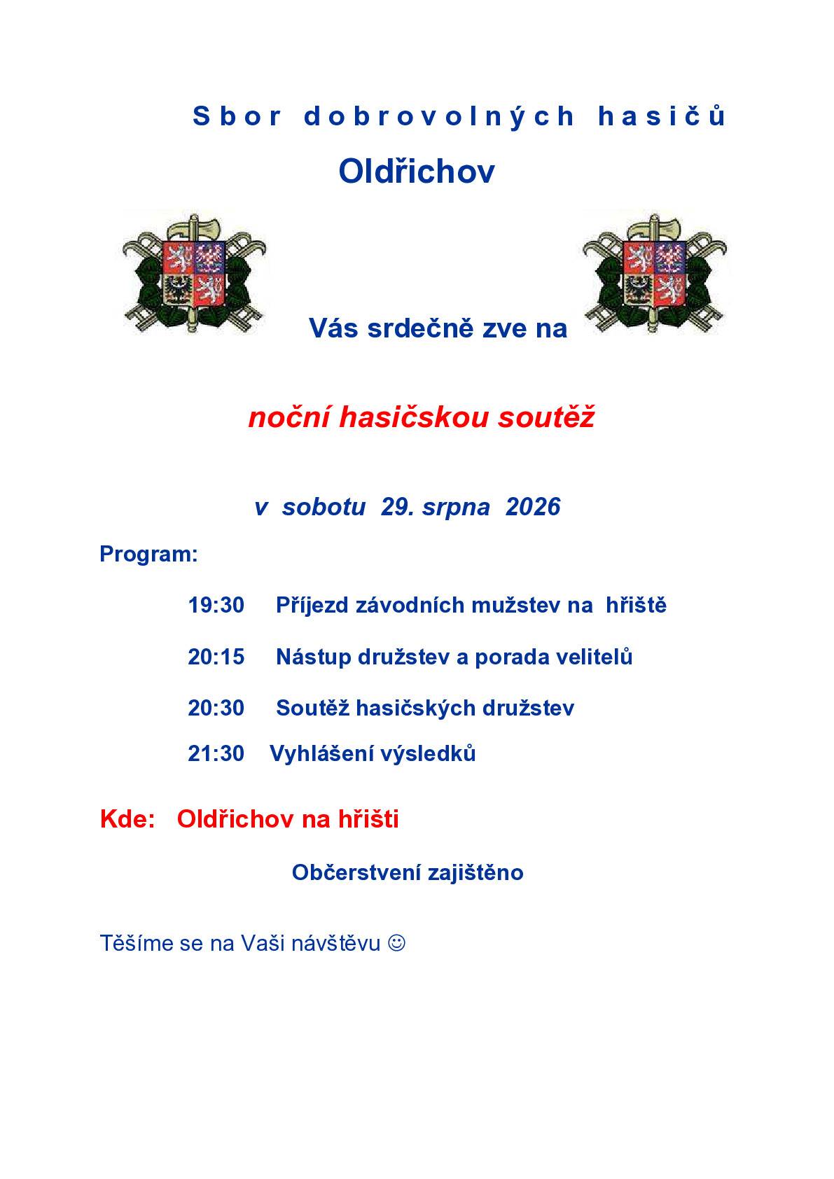 Noční hasičská soutěž Oldřichov 29.8.2026