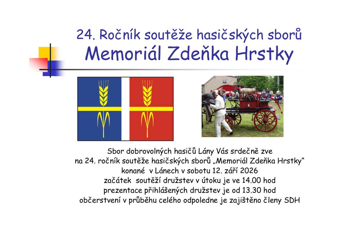 Pozvánka na Memoriál Zdeňka Hrstky pořádaný dne 12. 9. 2026 od 13:30 hodin v Lánech.