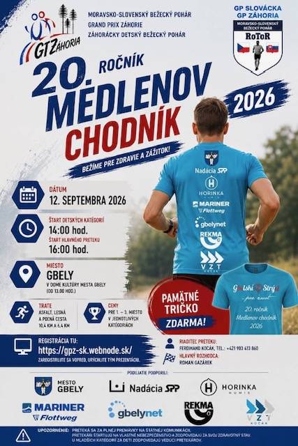 Mesto Gbely vás srdečne pozýva na 20. ročník Medlenovho chodníka, ktorý sa uskutoční v sobotu 12. septembra 2026 v Gbeloch.