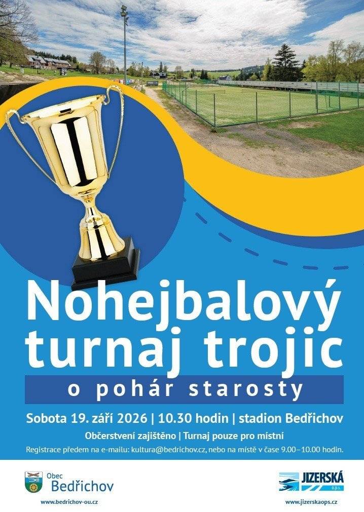 Zveme vás v sobotu 19.září na Nohejbalový turnaj trojic o pohár starosty Bedřichova.  Akce je určena pro místní (Bedřichov, Janov), přihlášky předem na e-mailu: kultura@bedrichov.cz, přihlášky na místě 9h - 10h. Začátek turnaje v 10.30h na stadionu, občerstvení zajištěno. Těšíme se na vás! Obec Bedřichov