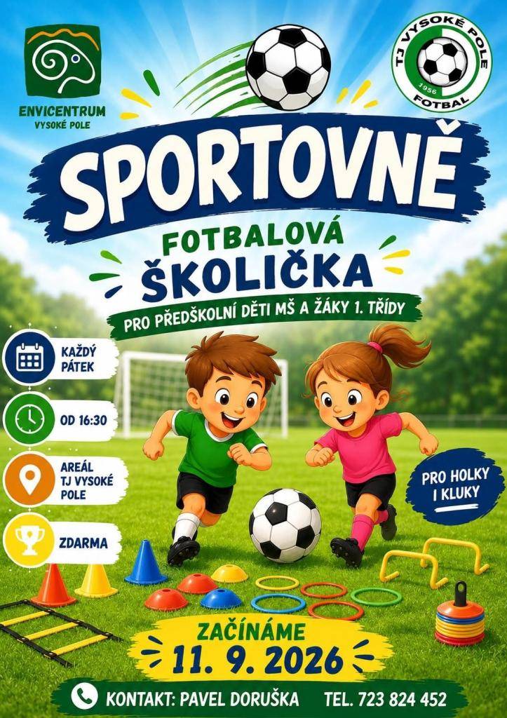 Pro předškolní děti MŠ a žáky 1.třídy  každý pátek a začínáme 11.9.2026  Areál TJ Vysoké Pole