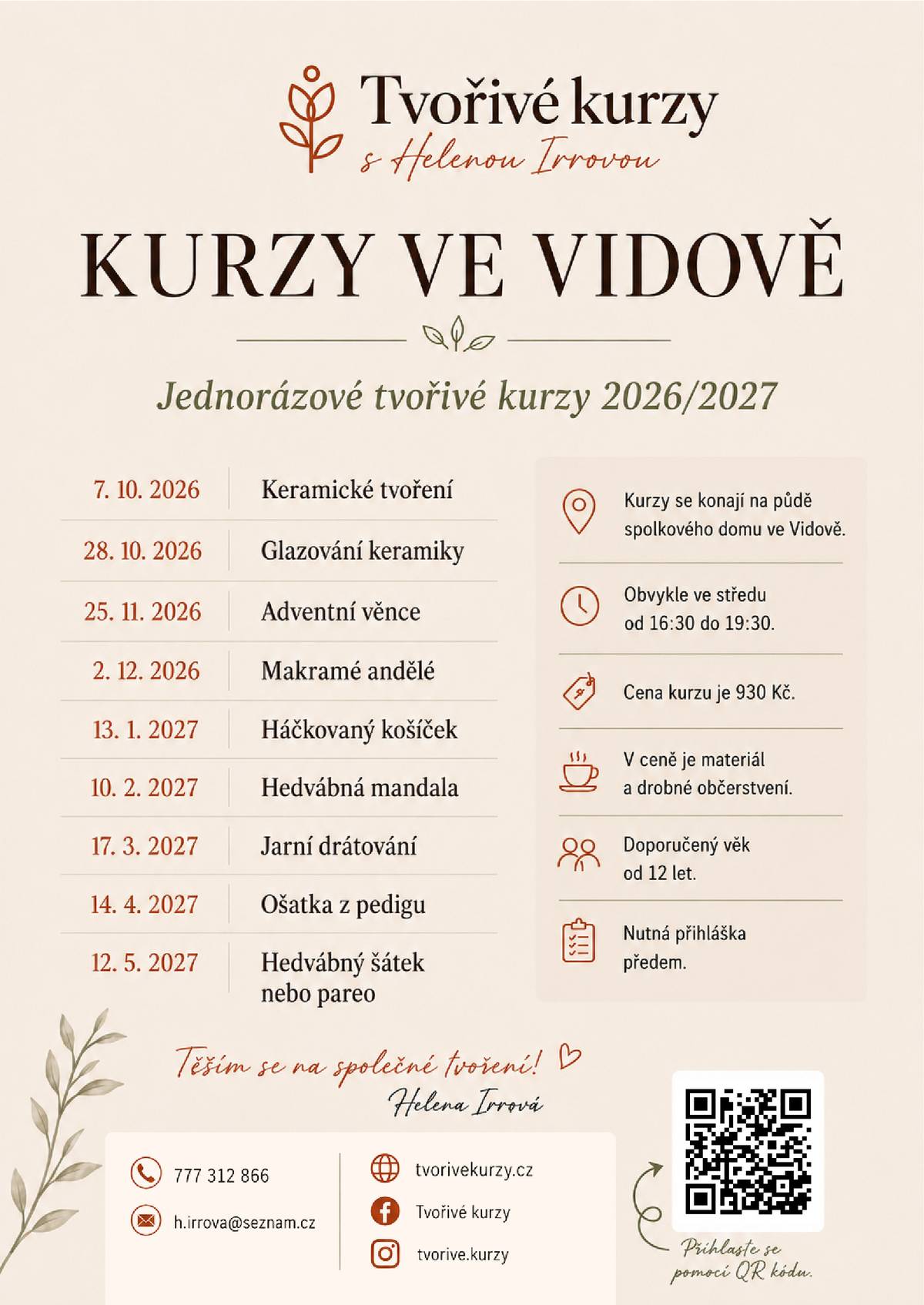 Nabídka výtvarných kurzů ve Vidově