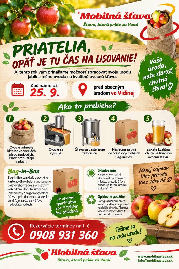 Aj tento rok máte možnosť spracovať úrodu jabĺk na kvalitnú ovocnú šťavu.