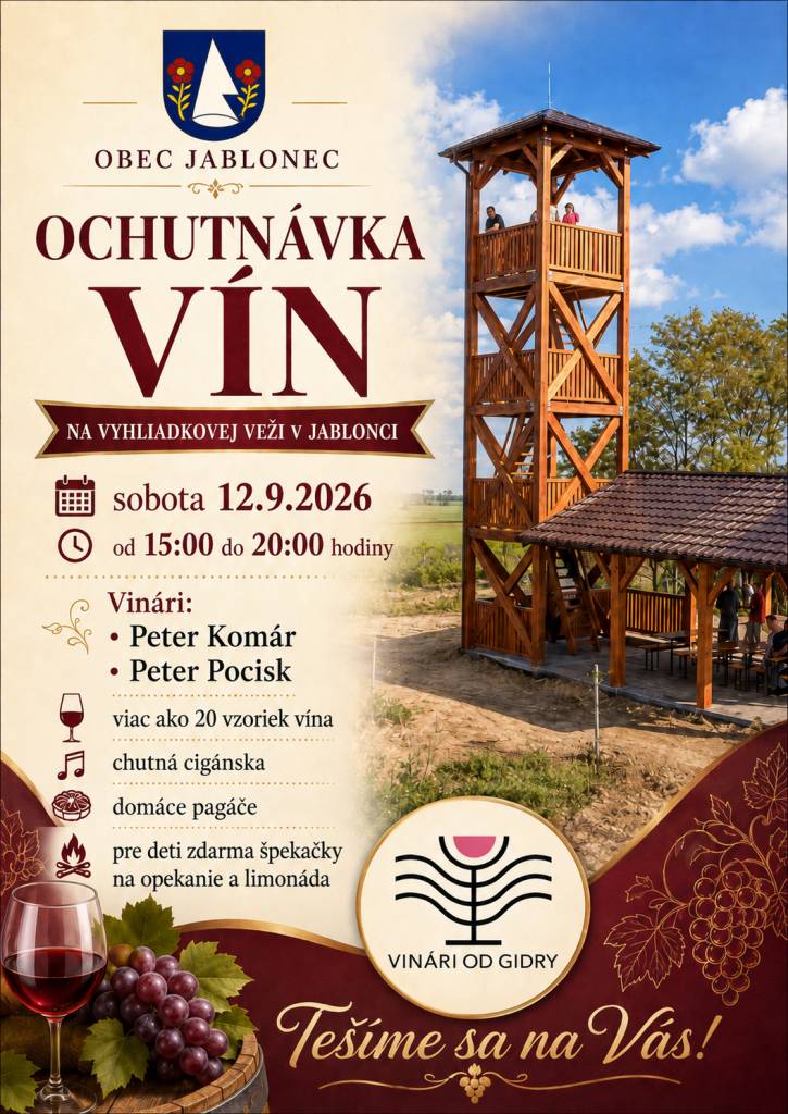 Pozývame Vás na ochutnávku vín, ktorá sa bude konať v sobotu 12. septembra 2026 na vyhliadkovej veži.