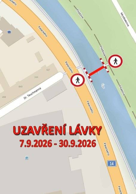 Z důvodu provádění údržby na lávce – nátěr konstrukce, bude lávka v termínu od 7. 9. 2026 do 30. 9. 2026 uzavřena. Děkujeme za pochopení.