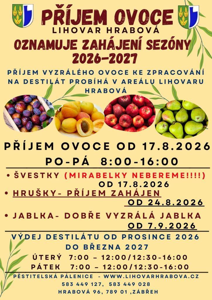 Od 7. 9. 2026 Lihovar Hradová vybírá dobře vyzrálá jablka a hrušky