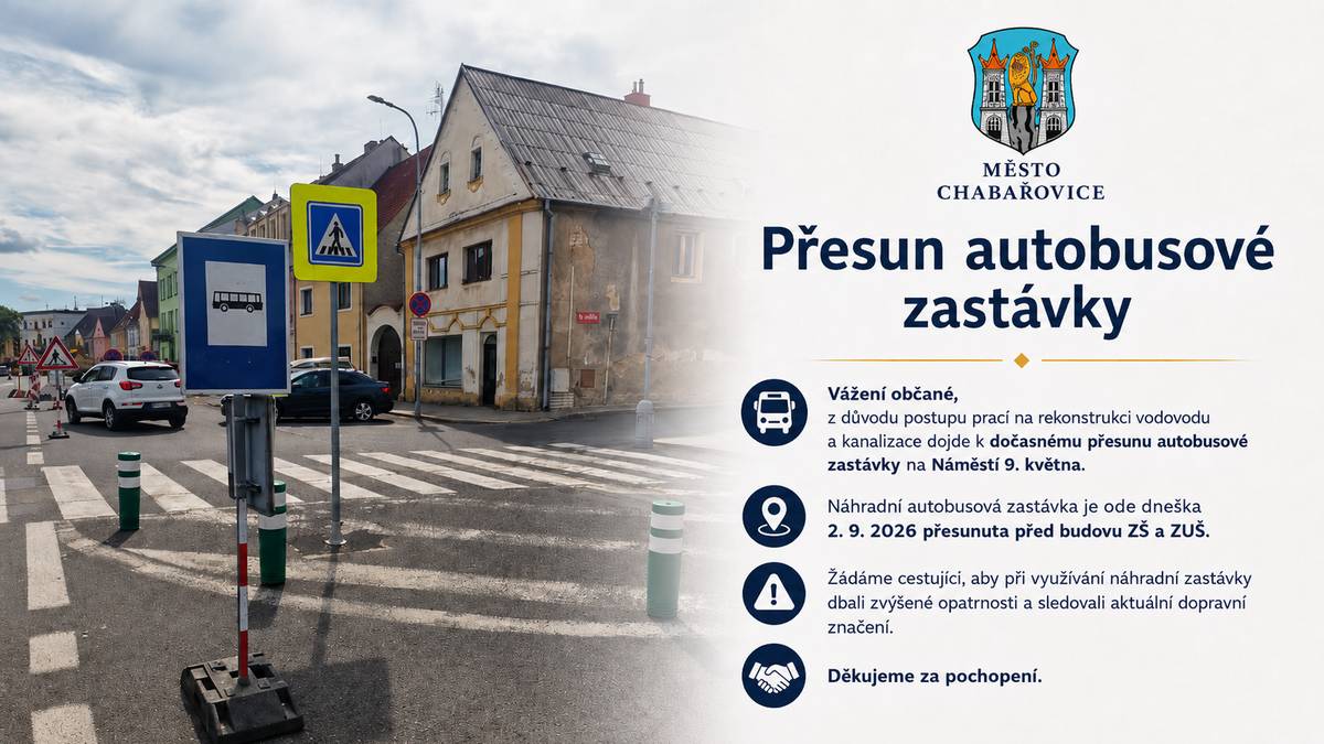 Náhradní autobusová zastávka je nově umístěna před budovou ZŠ a ZUŠ.