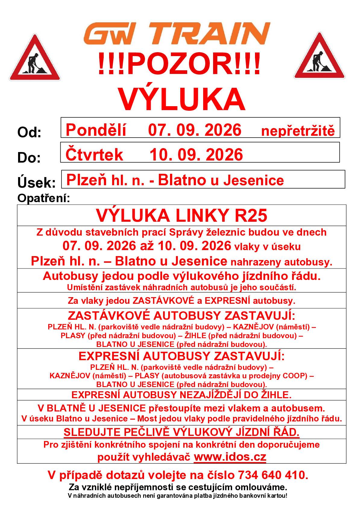 Pozor výluka - Výlukový jízdní platný od 7. 9. do 10. 9. 2026 (viz příloha).