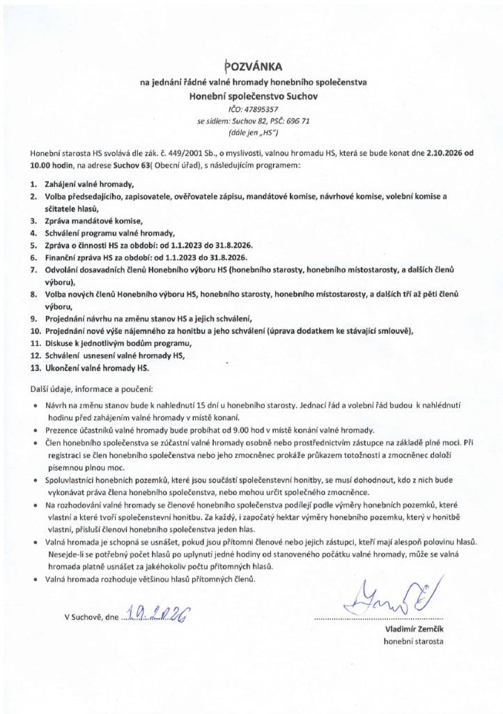 Kdy: pátek 2.10.2026 od 10:00 hodin  Kde: Suchov 63 (Obecní úřad)