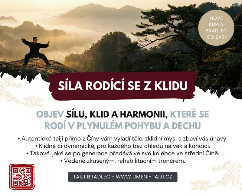 Vylaď tělo a mysl a nech se unášet krásou a dokonalostí pohybů spojených s dechem. Rozhýbeš a posílíš tělo a zároveň se zklidníš, odpočineš si a nabereš energii. Od září startují v Bradlci nové kurzy Taiji – přijďte to vyzkoušet na vlastní tělo.