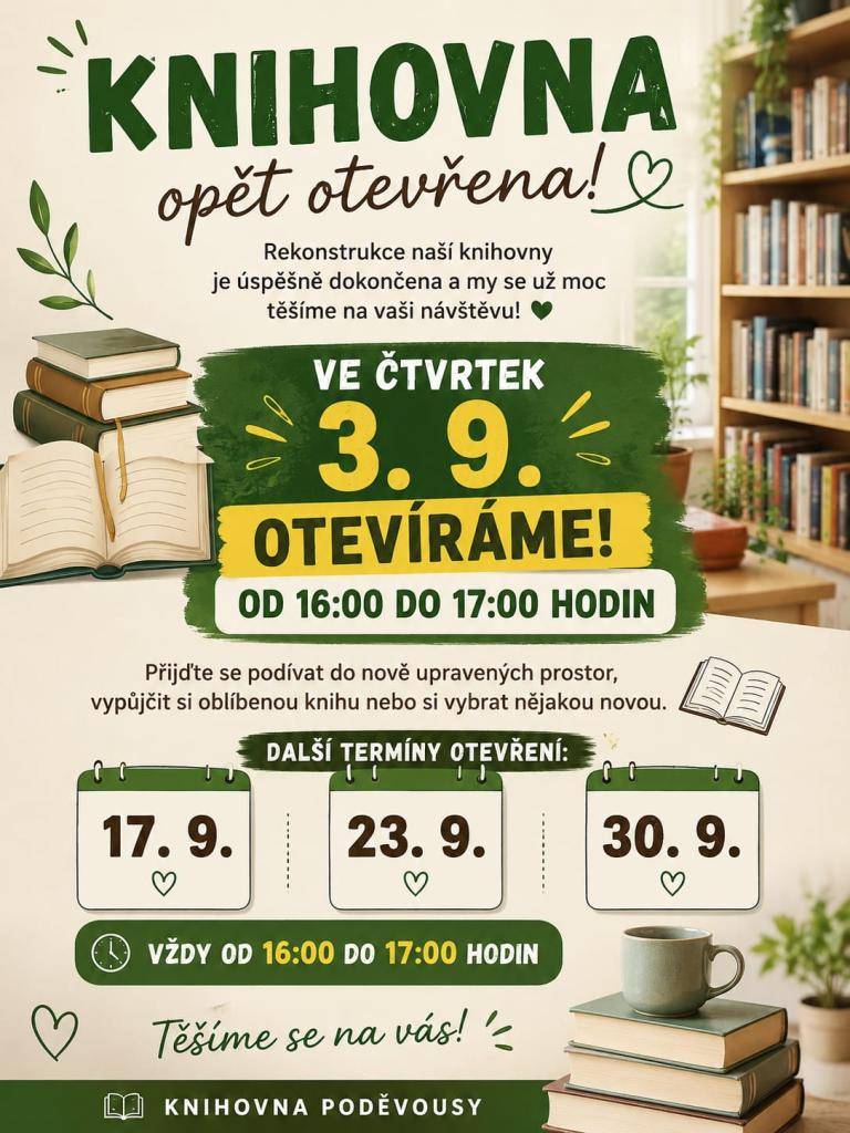 Knihovna Poděvousy se po rekonstrukci opět otevírá a zve všechny čtenáře na návštěvu.