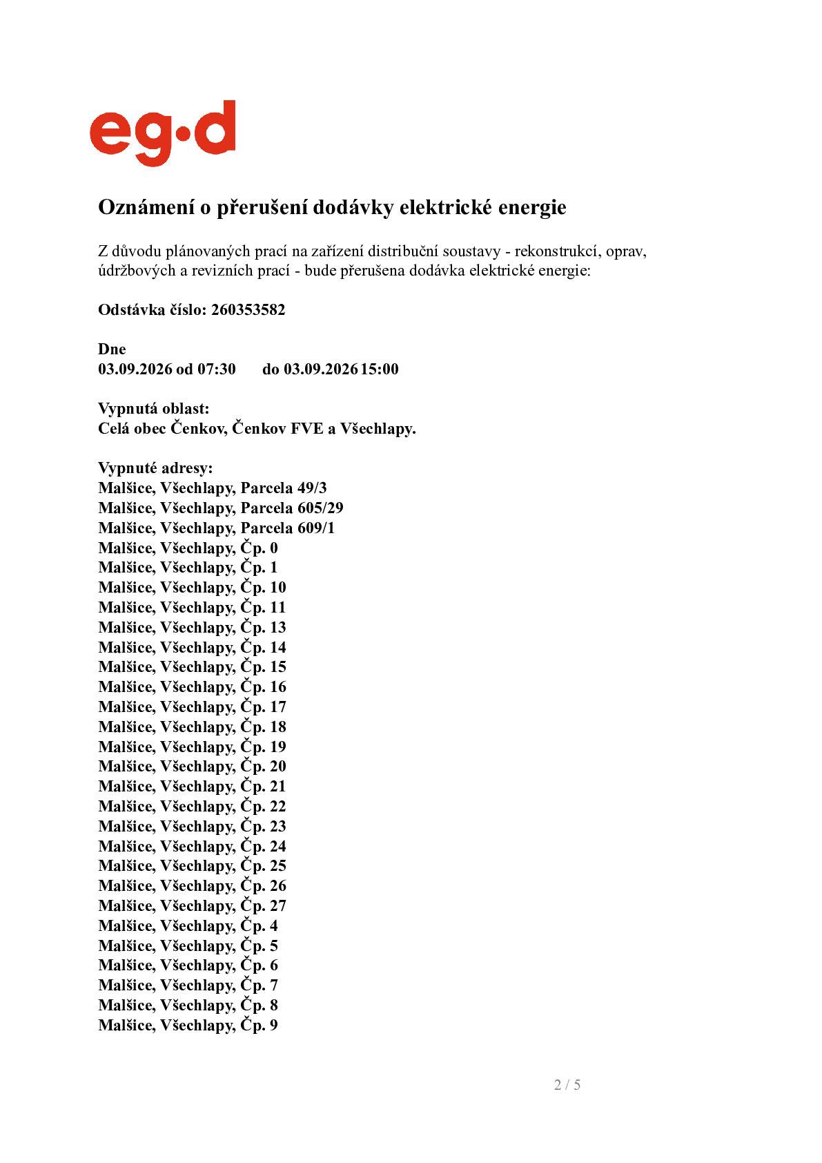 Oznámení o přerušení dodávky elektrické energie 3.9.2026. Vypnutá oblast: Čenkov, Všechlapy, Malšice směr Lom.