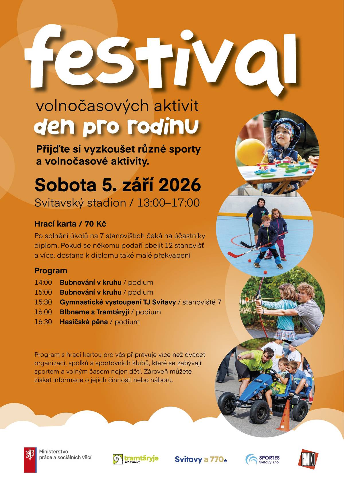 Vážení občané, v sobotu 5. září proběhne na svitavském stadionu Festival volnočasových aktivit, který je součástí narozeninového víkendu města Svitavy. Na jednom místě se představí 26 místních spolků, sportovních klubů a organizací. Návštěvníci si mohou vyzkoušet různé aktivity a získat informace o kroužcích, náborech a možnostech trávení volného času. 📌 Facebooková událost Festivalu volnočasových aktivit