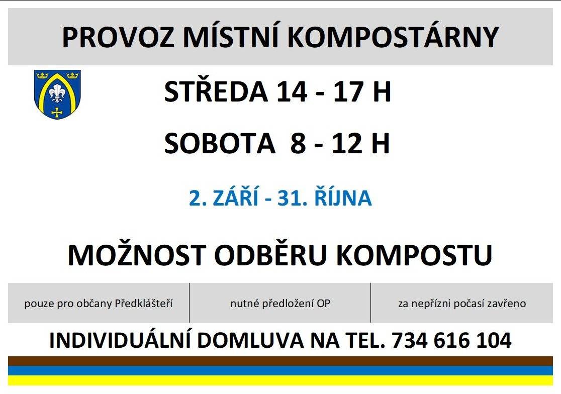 Kompostárna je určena pouze pro občany Předklášteří, proto je při návštěvě nutné předložit občanský průkaz.