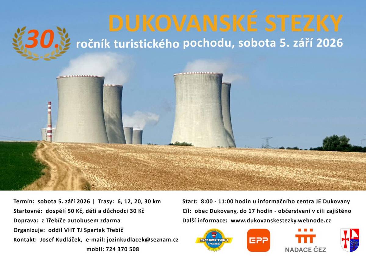 V sobotu 5.9.2026. Start u Návštěvnického centra JE Dukovany, cíl v obci Dukovany.