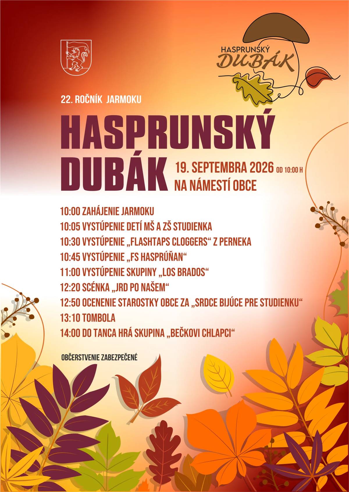 Pozývame na 22. ročník jarmoku Hasprunský dubák, 19. septembra 2026 od 10:00 hod. na námestí obce.