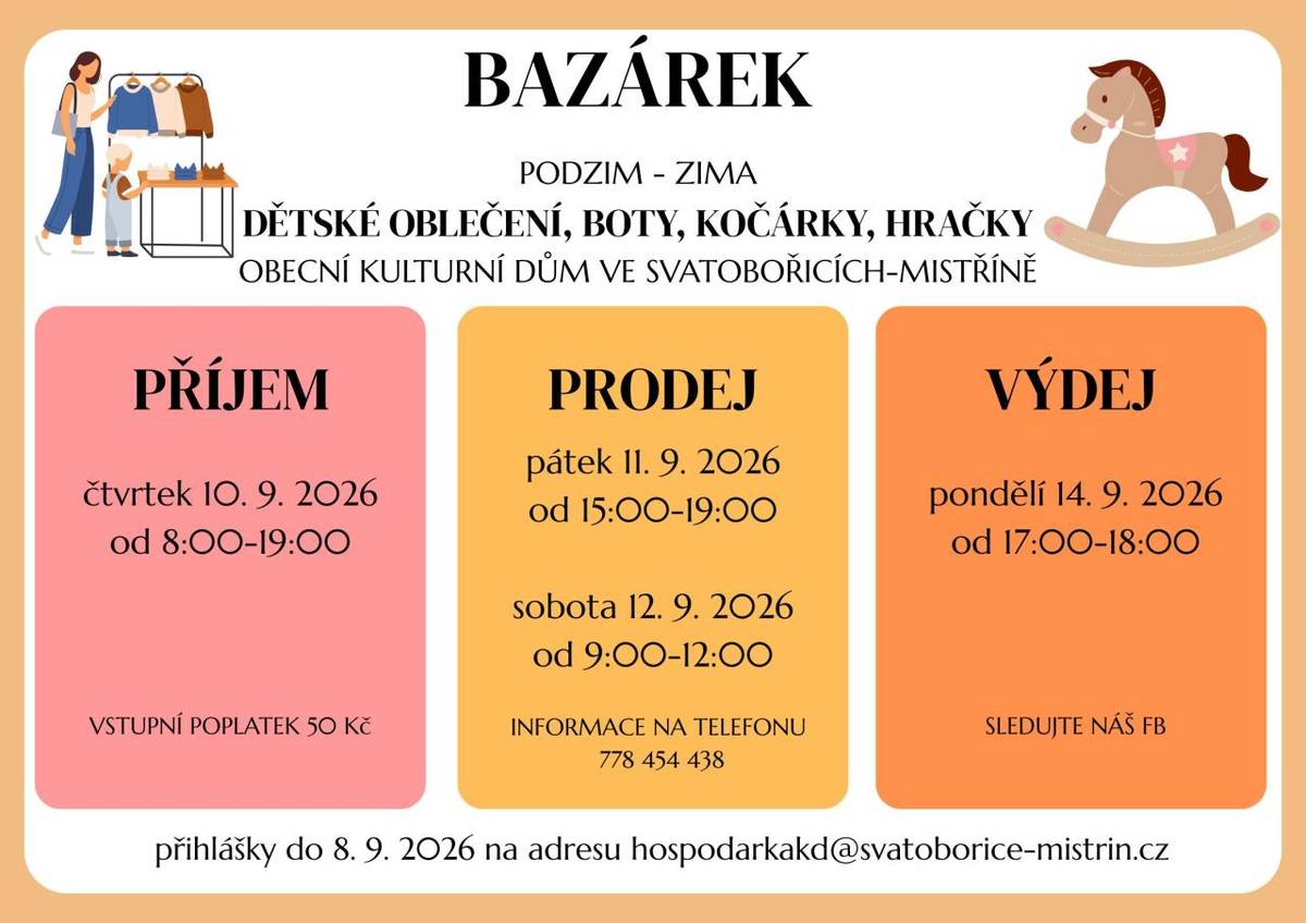 Bazárek dětského oblečení podzim - zima. Můžete přinést také boty, hračky, kočárky.