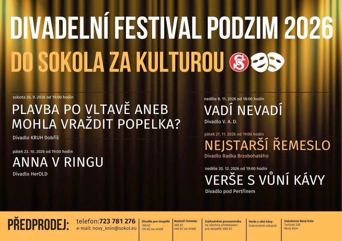 TJ Sokol Nový Knín Vás zve na Podzimní divadelní festival 2026, který začíná 26. září a nabídne do konce roku pět představení - od ochotnických souborů až po profesionální inscenaci se známými herečkami.