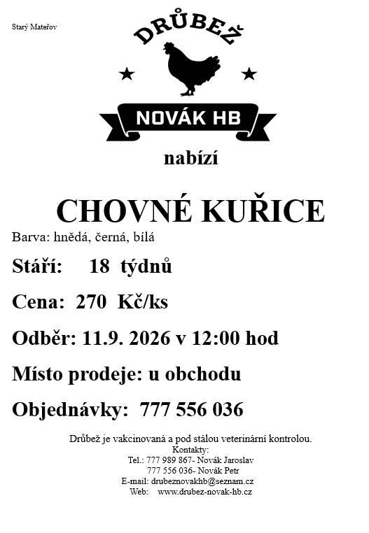 Firma Drůbež Novák bude v pátek 11.9.2026 ve 12 hodin před obecním úřadem prodávat chovné kuřice. telefon pro objednávky: 777 556 036