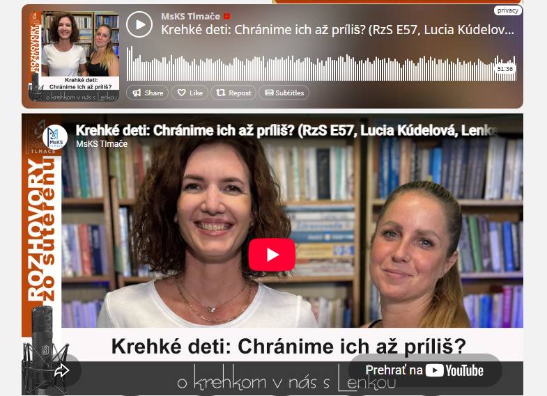 Ťažšie znášajú neúspech. Kritiku. Odmietnutie. Zmenu plánov. Niekedy aj obyčajné „nie“. Hovoríme o generácii krehkejších detí? Vychovávame ich tak, aby boli pripravené na bežné nároky života – alebo ich v snahe chrániť pred všetkým nepríjemným robíme zraniteľnejšími? A potom sú tu vysoko citlivé deti. Deti, ktoré svet jednoducho vnímajú intenzívnejšie. Je to to isté? Alebo hovoríme o dvoch úplne odlišných veciach? V novej epizóde podcastu Rozhovory zo suterénu sa spolu s psychologičkou pozrieme na to, kde sa detská krehkosť berie, akú úlohu v nej môže zohrávať dnešná výchova, ako deti učiť zvládať frustráciu a nepríjemné situácie – a kde je hranica medzi krehkosťou a vysokou citlivosťou. https://mskstlmace.sk/krehke-deti-chranime-ich-az-prilis.../ Spolupráca Lenka Valentíniová Lucia Kudelová Fero Držík Držík Juraj Hruška