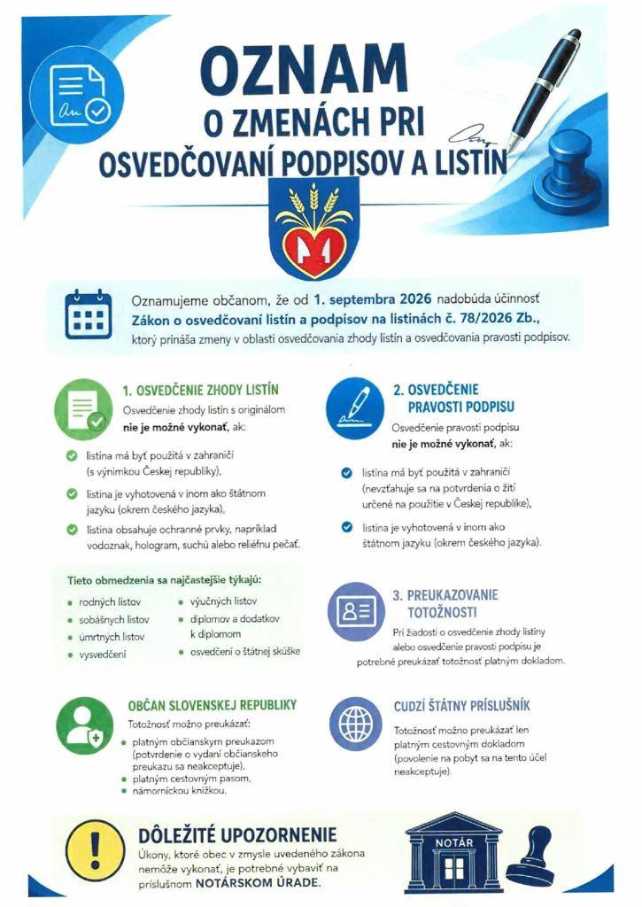Od 1. septembra 2026 vstúpil do účinnosti nový Zákon č. 78/2026 Z. z. o osvedčovaní listín a podpisov na listinách.  Podrobnejšie informácie nájdete na webe obce v záložke - SAMOSPRÁVA - AKO VYBAVIŤ - OSVEDČOVACIA AGENDA.