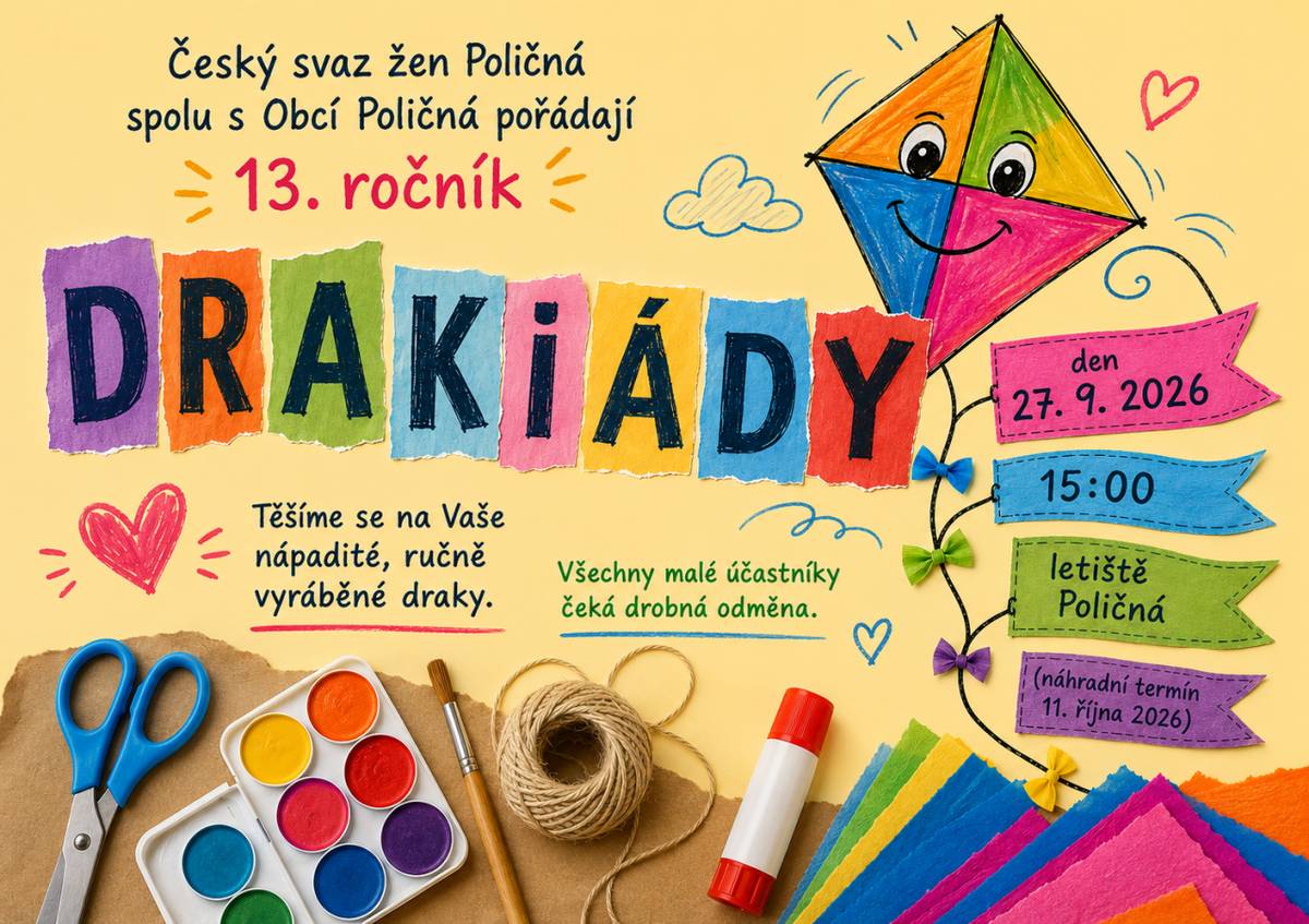 Kdo se těší na letošní 13. ročník Drakiády? Fantazii se při výrobě vlastního draka meze nekladou... tak spolu s dětmi vyhlížejte dobré povětrnostní podmínky, ať ještě stihnete ověřit letecké schopnosti vašeho společného výtvoru, než jej vyzkoušíte 27. 9. na letišti v Poličné!