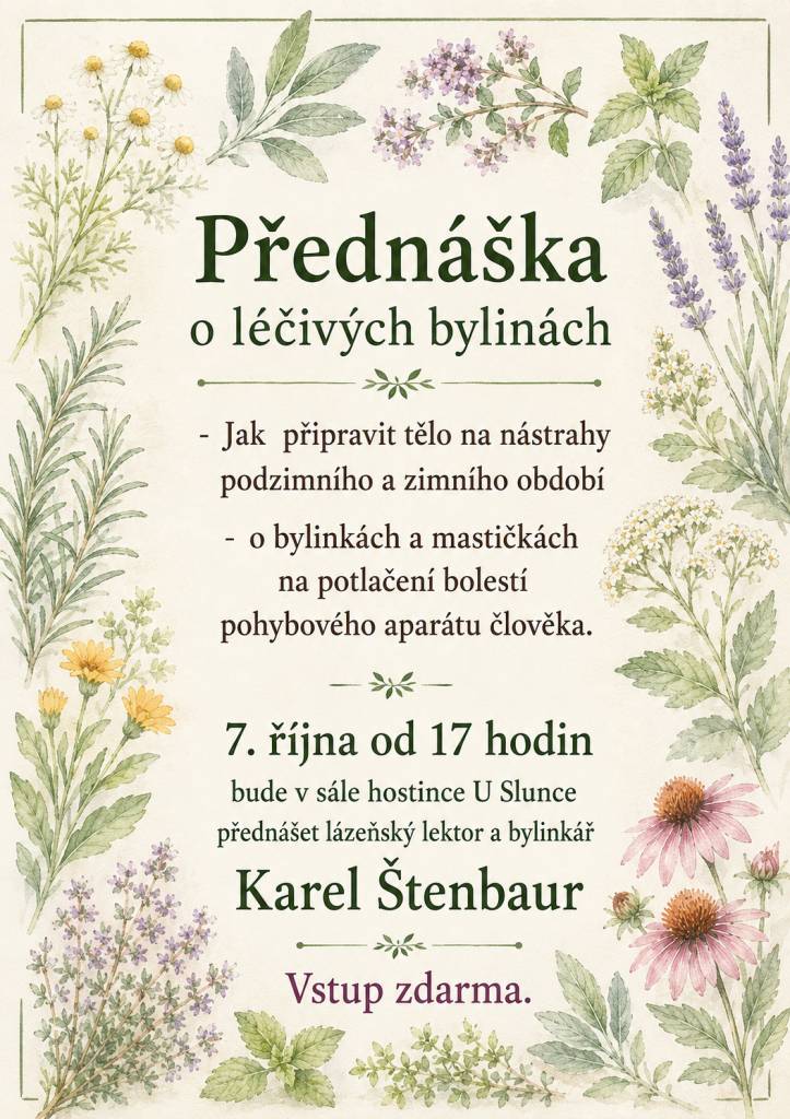 7. října od 17 hodin si můžete přijít poslechnout tipy a rady o tom, jak zvýšit obranyschopnost těla nebo jak si pomoci od bolestí díky bylinám.