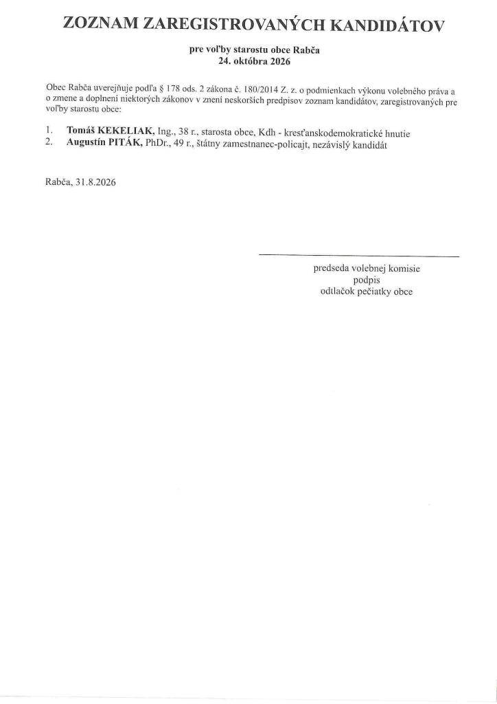 Obec Rabča zverejňuje zoznam zaregistrovaných kandidátov pre voľby starostu obce a voľby poslancov Obecného zastupiteľstva obce Rabča ktoré sa uskutočnia 24. októbra 2026.
