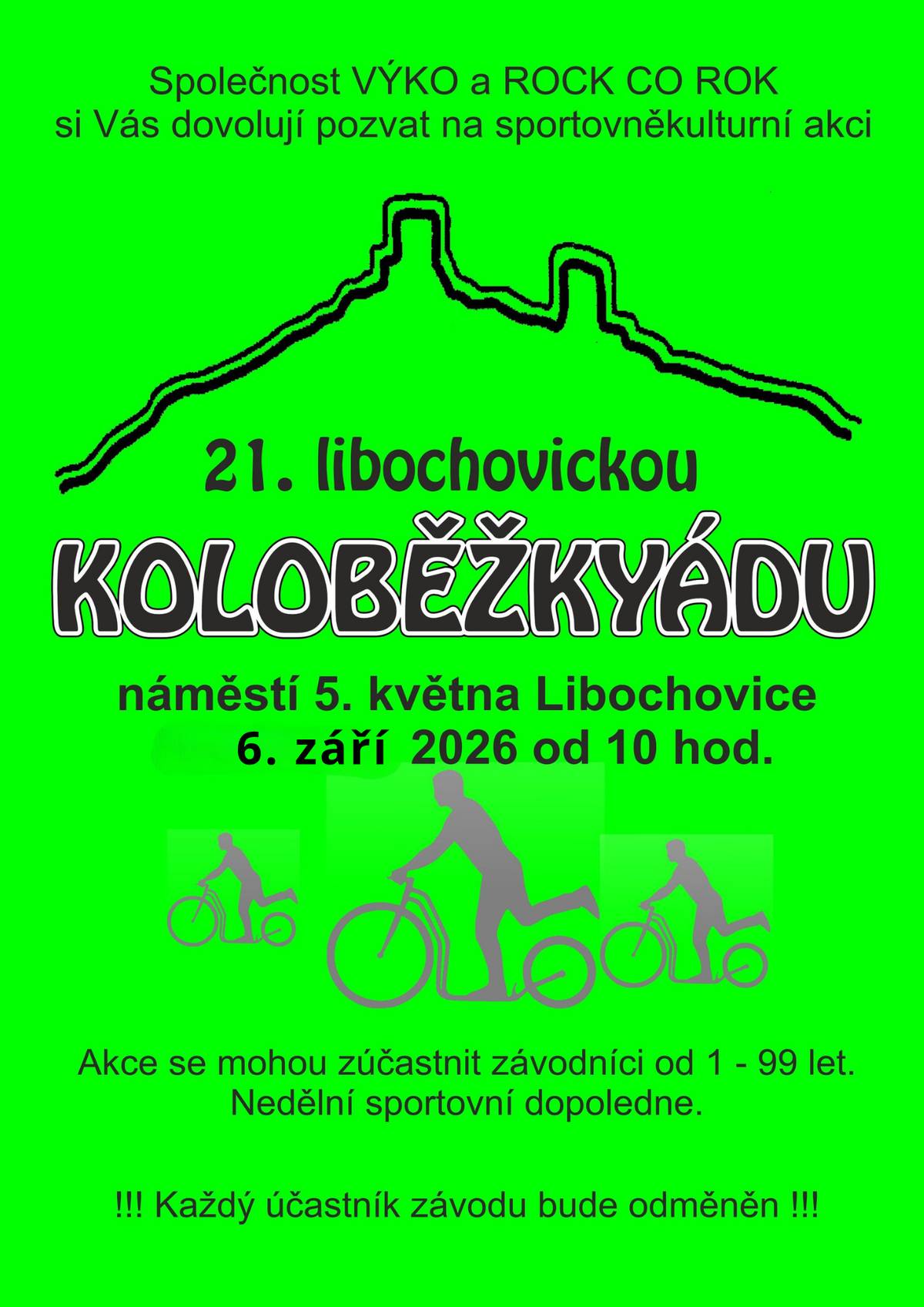 V neděli 6. září 2026 od 10:00 hodin se na náměstí 5. května v Libochovicích uskuteční již 21. ročník libochovické Koloběžkyády. Akce je určena pro každého – stačí chuť projet se na koloběžce a užít si společný den. Přijďte závodit, fandit nebo si jen užít příjemnou nedělní atmosféru.