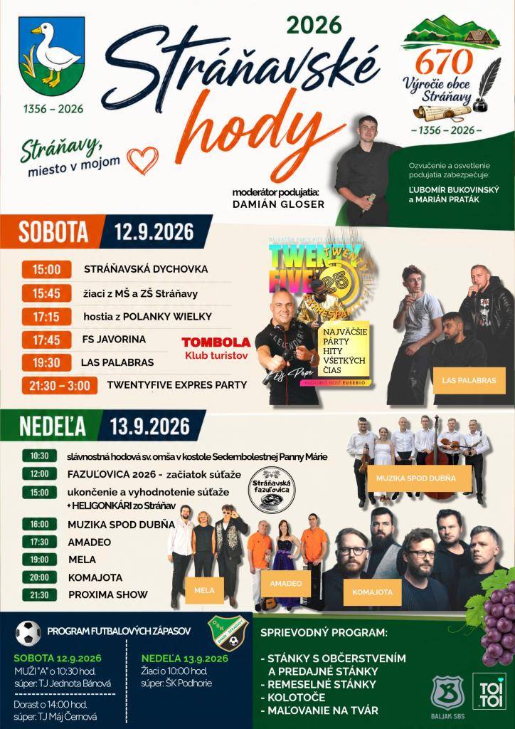 Pozývame vás na HODY 2026 v Stráňavách.   12. - 13. september 2026.  Súčasťou nedeľného programu bude aj súťaž vo varení fazuľovej polievky, do ktorej sa tento rok prihlásilo 8 tímov.   Ste všetci srdečne vítaní.