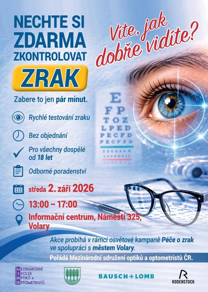 Ve středu 2. září 2026 od 13:00 do 17:00 proběhne v Informačním centru na náměstí ve Volarech bezplatné měření zraku pro dospělé.
