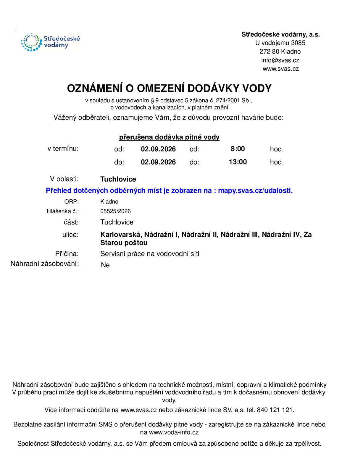 Zítra 2.9. Od 8 do 13 hodin nepoteče voda v ulicích: Karlovarská, Nádražní I, Nádražní II, Nádražní III, Nádražní IV, Za Starou poštou.