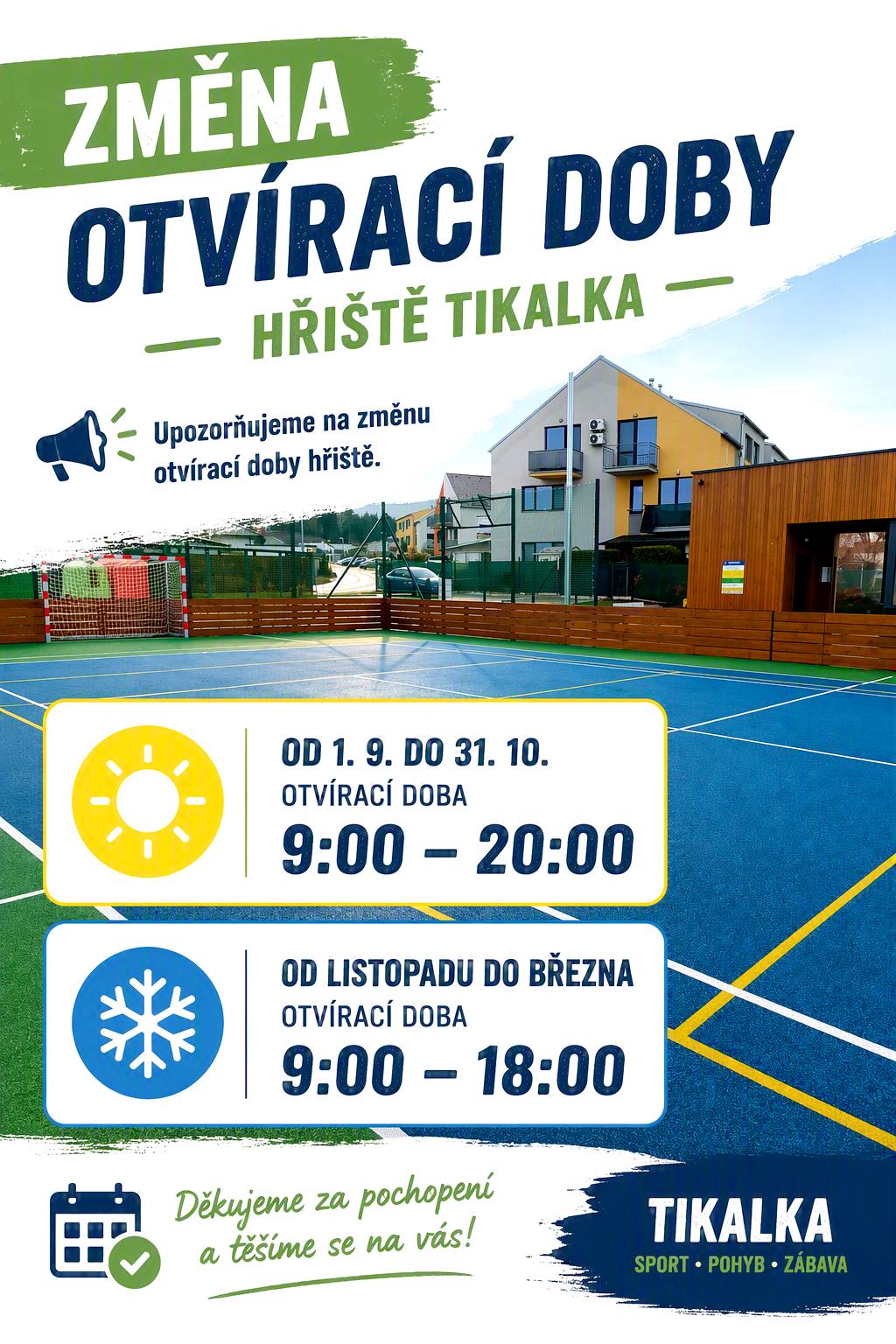 Milí spoluobčané, upozorňujeme, že od dnešního dne, tj. od 1.9.2026 se mění otvírací doba na hřišti Tikalka.  Do konce října (letní období), bude provoz zkrácen do 20:00.  V zimním období od listopadu do března, bude otevřeno pouze do 18:00.  Děkujeme za pochopení a respektování nové otvírací doby. Obec Včelná.
