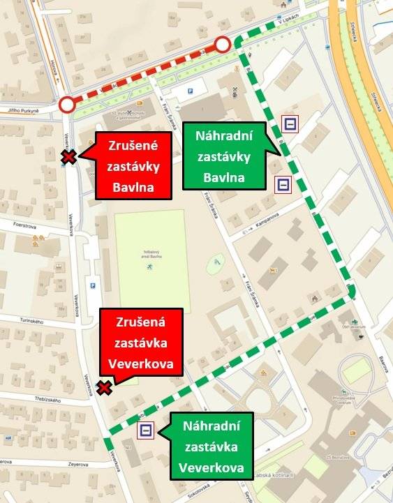 Z důvodu objízdné trasy linek MHD č. 14, 51 a 52 (stavební práce v ulici V Lipkách – oprava horkovodu) budou od pondělí 7. 9. 2026 zastávky Bavlna (oba směry) a Veverkova (směr Bavlna) přesunuty do ulic Baarova a Gebauerova viz mapa v příloze.