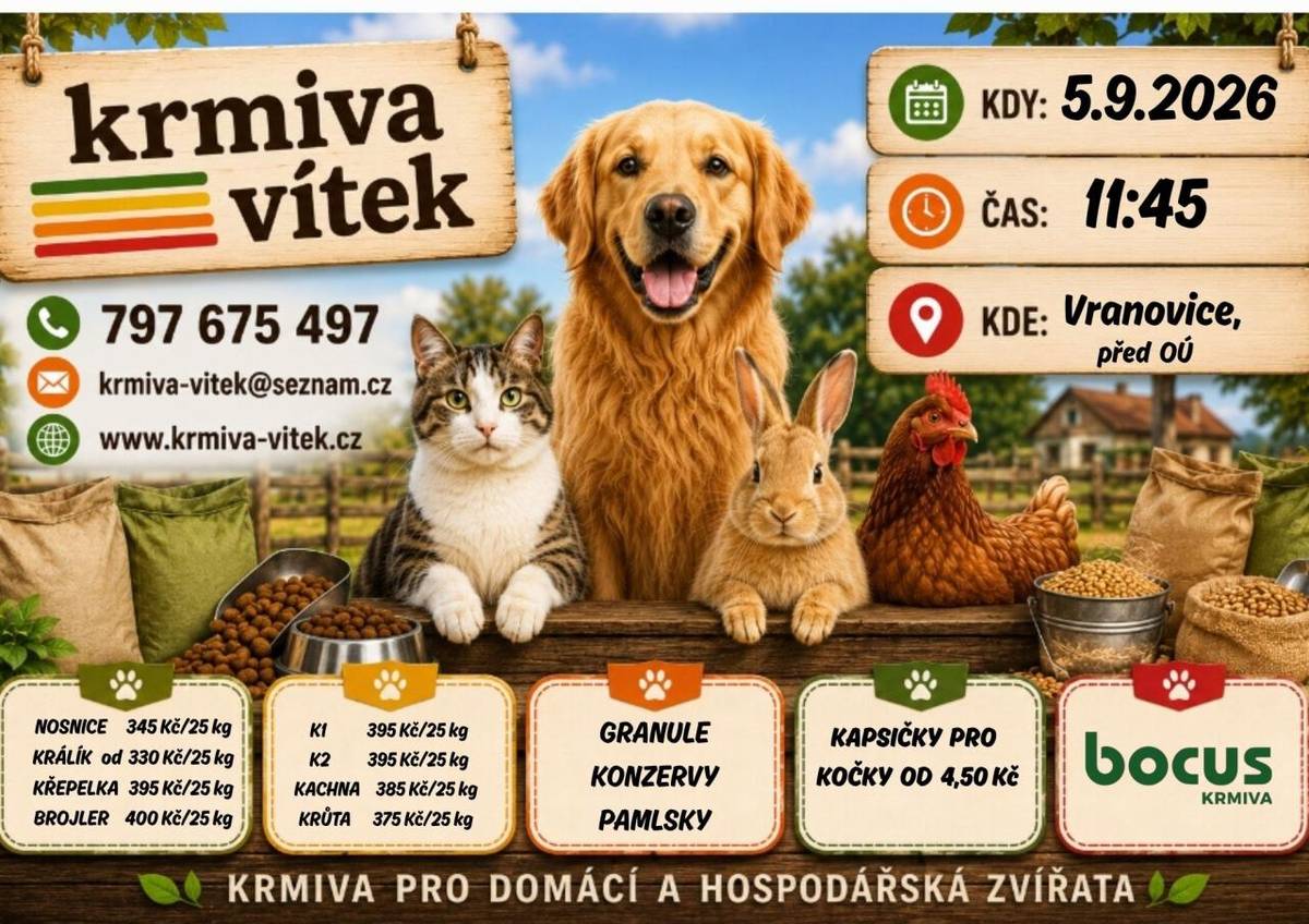 Firma Vítek bude prodávat krmiva pro domácí a hospodářská zvířata.   Nyní v nabídce krmné směsi Bocus: Králík výkrm od 330Kč/25kg, Nosnice 345Kč/25kg.   AKCE: Kapsičky FELIX 12 ks/99 Kč.  Dále se uskuteční výkup králičích kůží.  Prodej proběhne v sobotu 5.9. v 11:45 před OÚ.