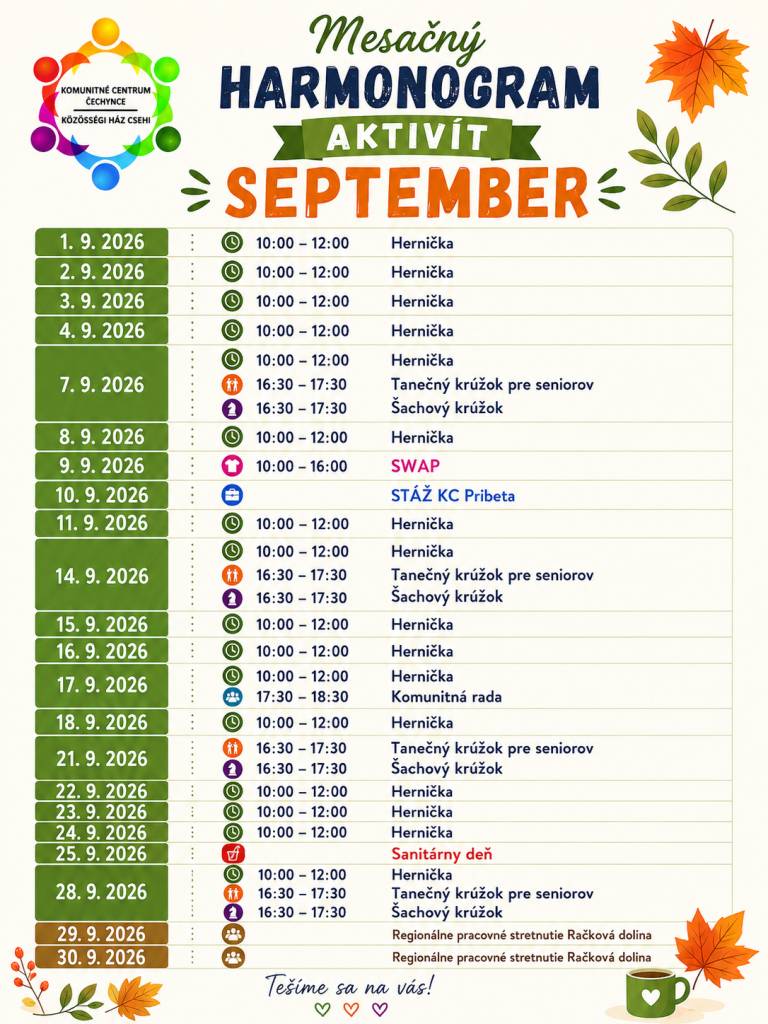 harmonogram aktivít na mesiac september