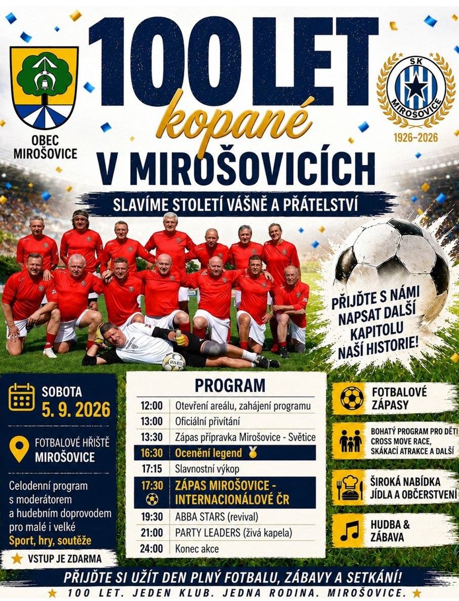Na žádost obce Mirošovice a SK Mirošovice zveme na akci, která se uskuteční teď v sobotu 5. 9. od 12 do 24 hodin.